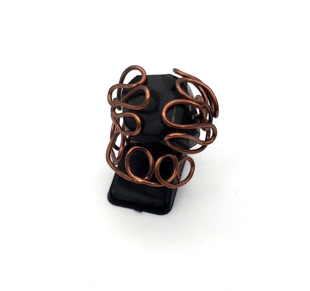 Antiqued copper black spinel statement ring with intricate hand-formed wire design