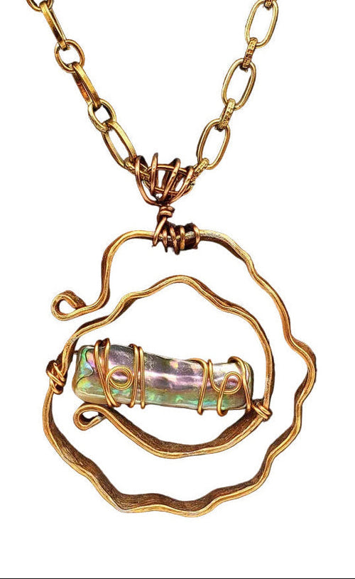 Abalone Shell Necklace handcrafted with antiqued copper and sculptural detail. 