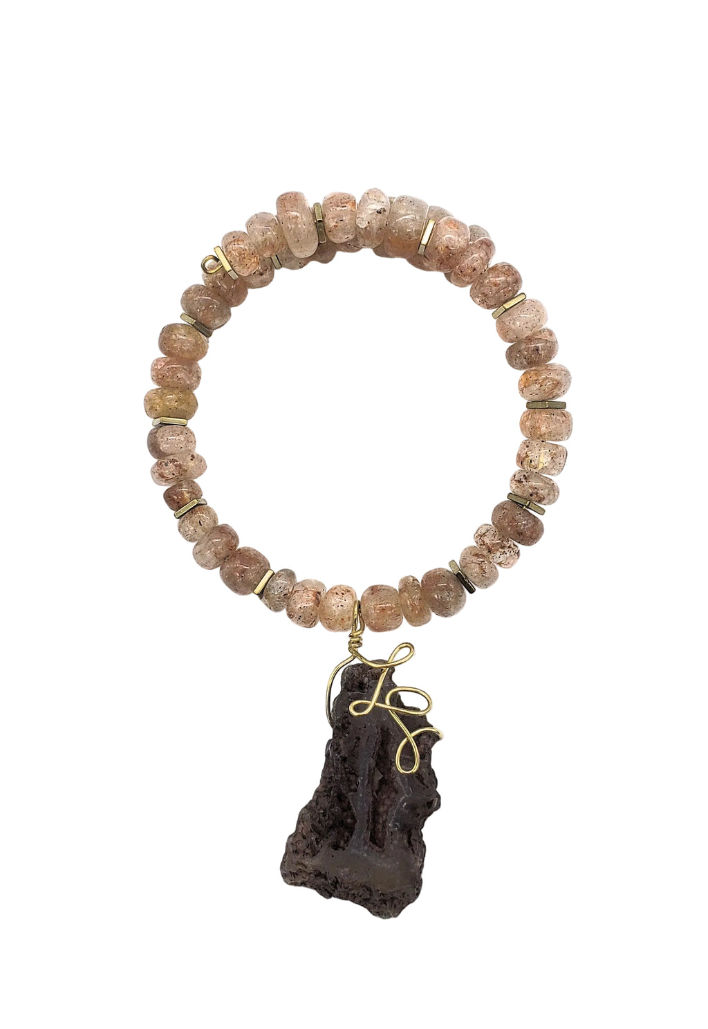 Aventurine and lace agate gemstone bracelet with natural stone pendant and brass wire detailing