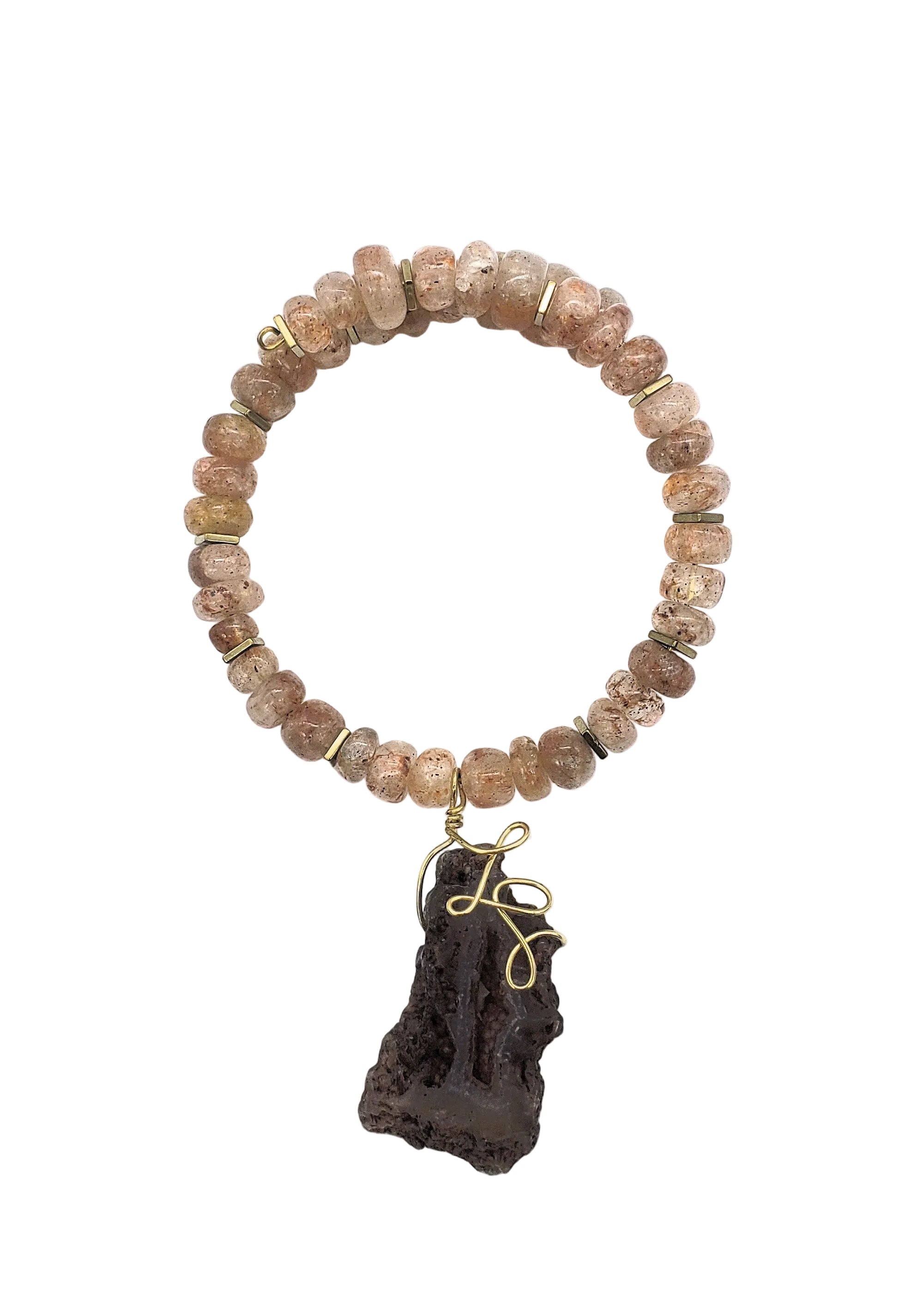 Aventurine and lace agate gemstone bracelet with natural stone pendant and brass wire detailing