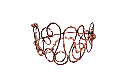Handcrafted antiqued copper wire crochet bangle with sculptural loops and woven details