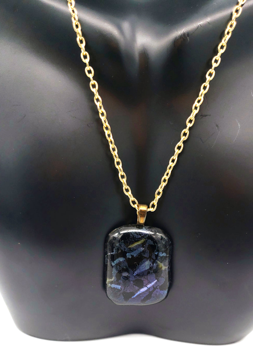 One-of-a-kind dichroic fused glass pendant necklace with natural brass chain