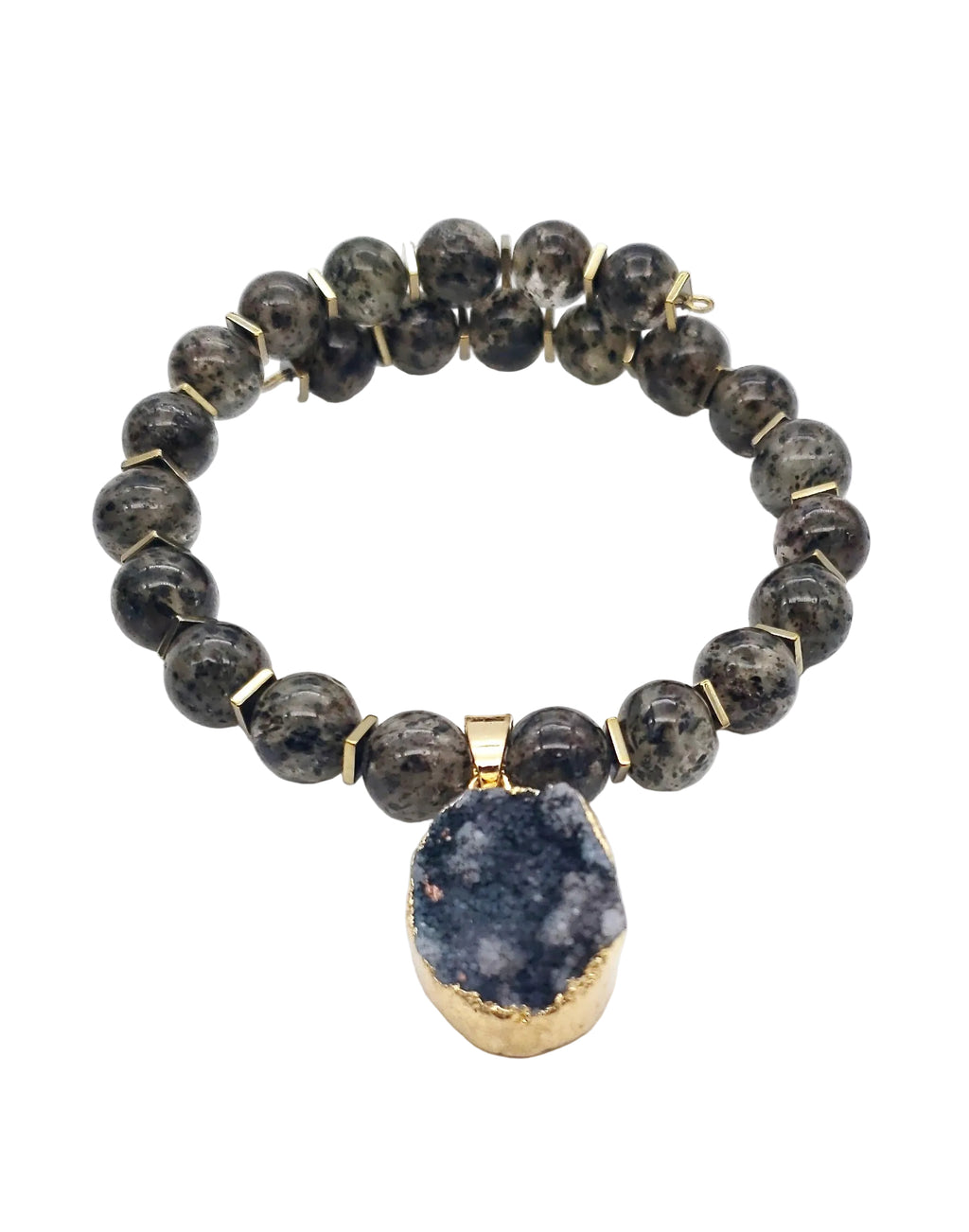 One-of-a-kind druzy, iris hematite and rutilated quartz bracelet with druzy pendant