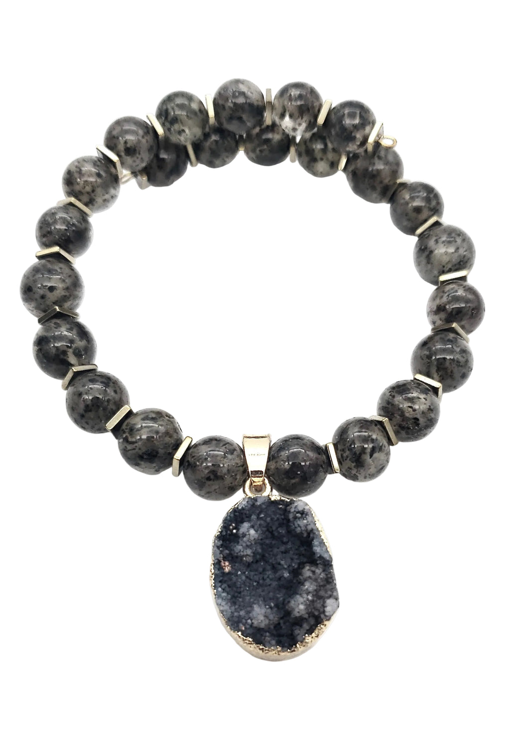 Druzy, iris hematite and rutilated quartz bracelet with natural gemstone detail