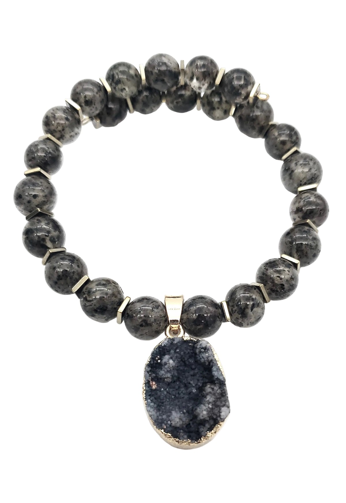 Druzy, iris hematite and rutilated quartz bracelet with natural gemstone detail