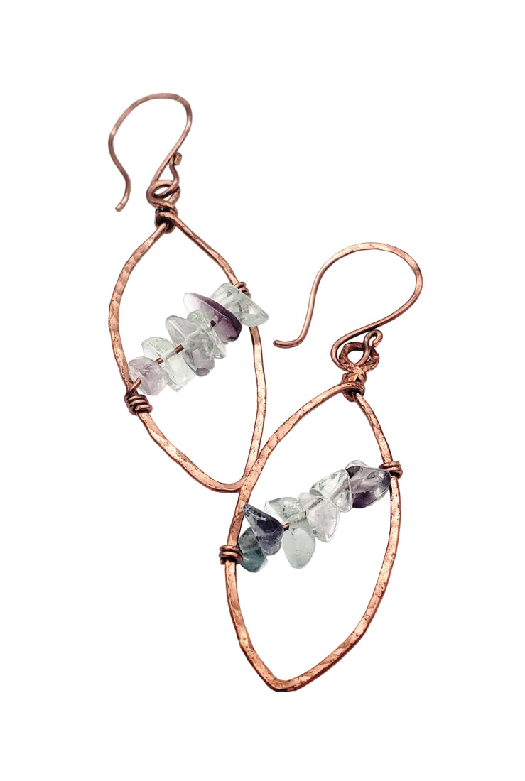 Handcrafted fluorite leaf earrings set in antiqued copper wire.