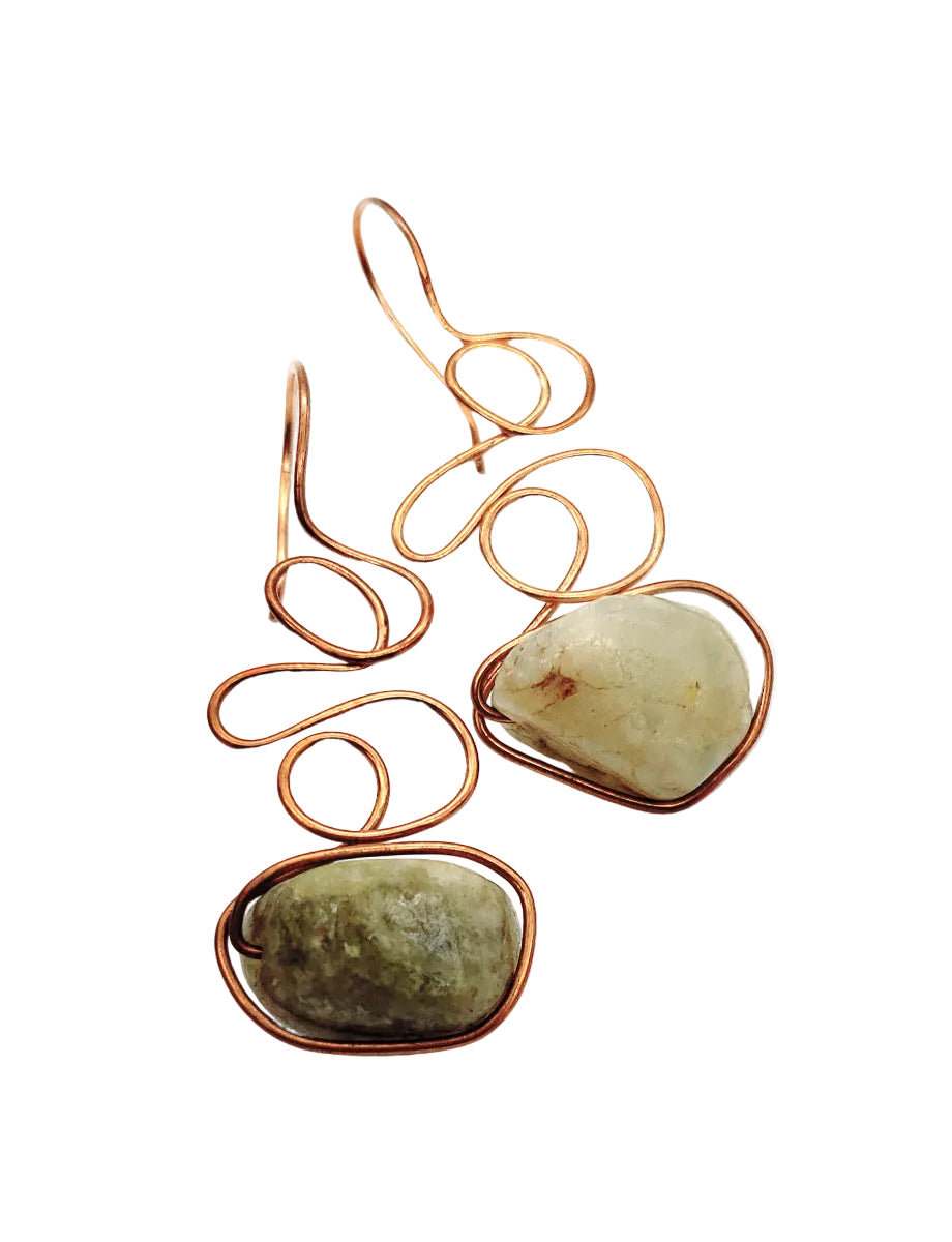Green Garnet Earrings handcrafted in bronze, featuring flowing asymmetrical wirework and natural gemstone beauty.