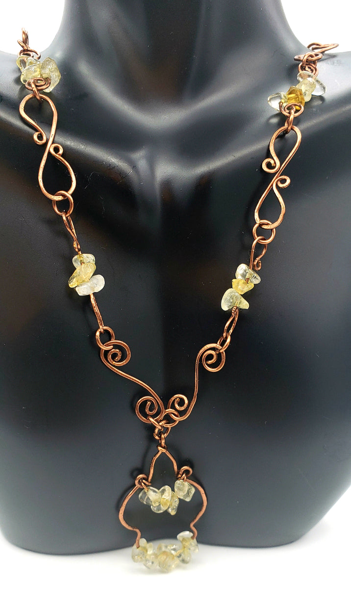 Worn view of Citrine and Copper Necklace, handcrafted with natural gemstones and intricate wirework. 