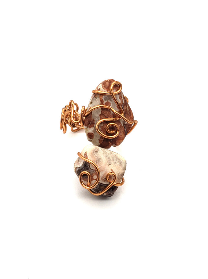 Lace agate statement ring with sculptural copper wire wrapping