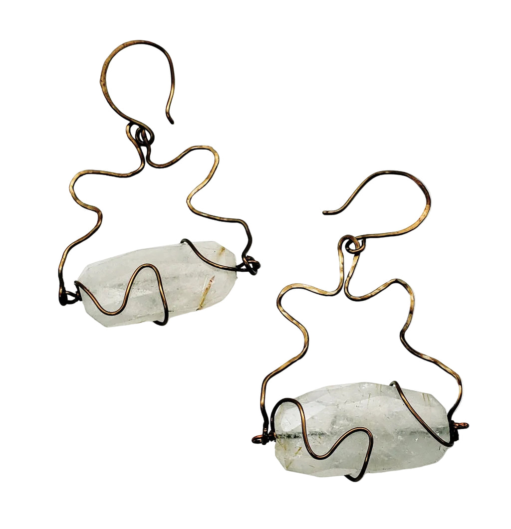 Rutilated Quartz Earrings handcrafted in antiqued brass, featuring natural golden inclusions and sculptural wirework.