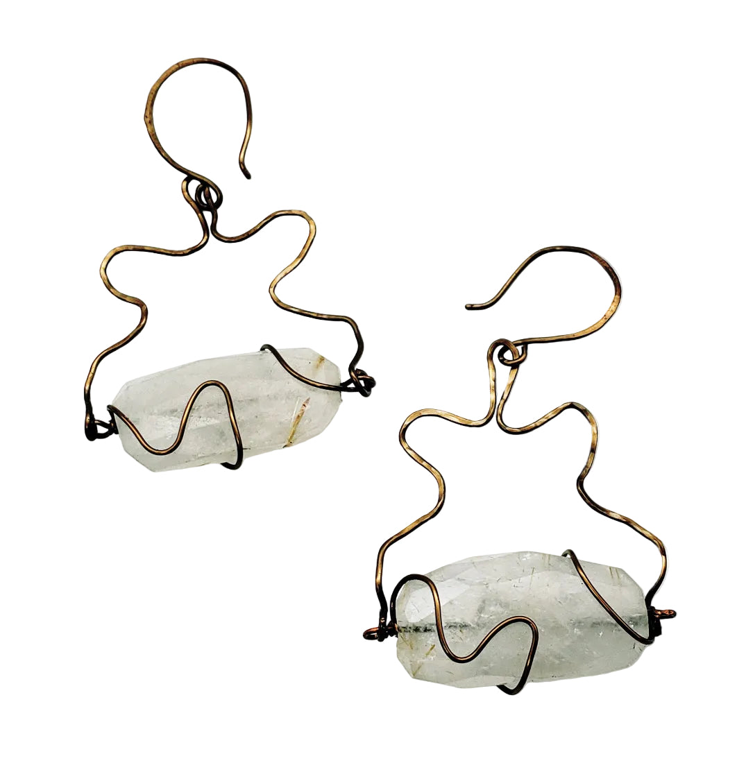 Rutilated Quartz Earrings handcrafted in antiqued brass, featuring natural golden inclusions and sculptural wirework.