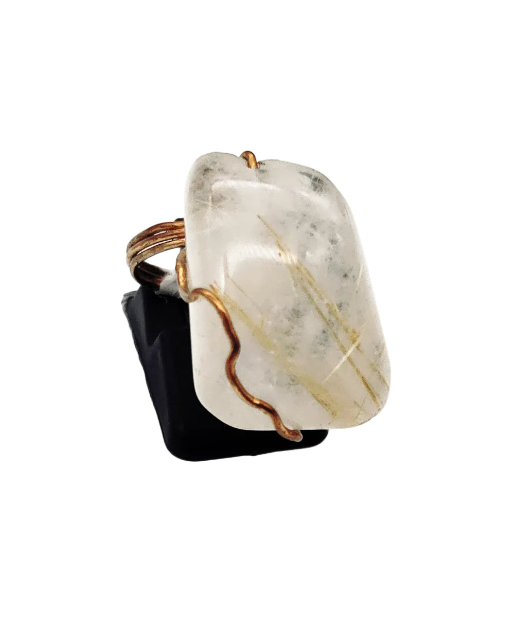 Golden Veil rutilated quartz statement ring with natural quartz gemstone and hand-formed antiqued brass