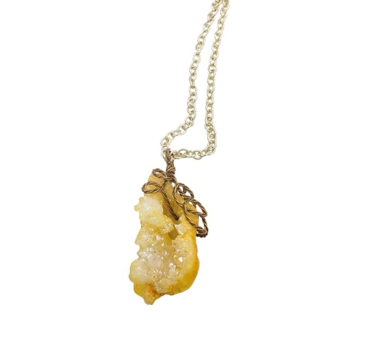 Detailed view of Druzy Quartz Necklace handcrafted with antiqued brass.