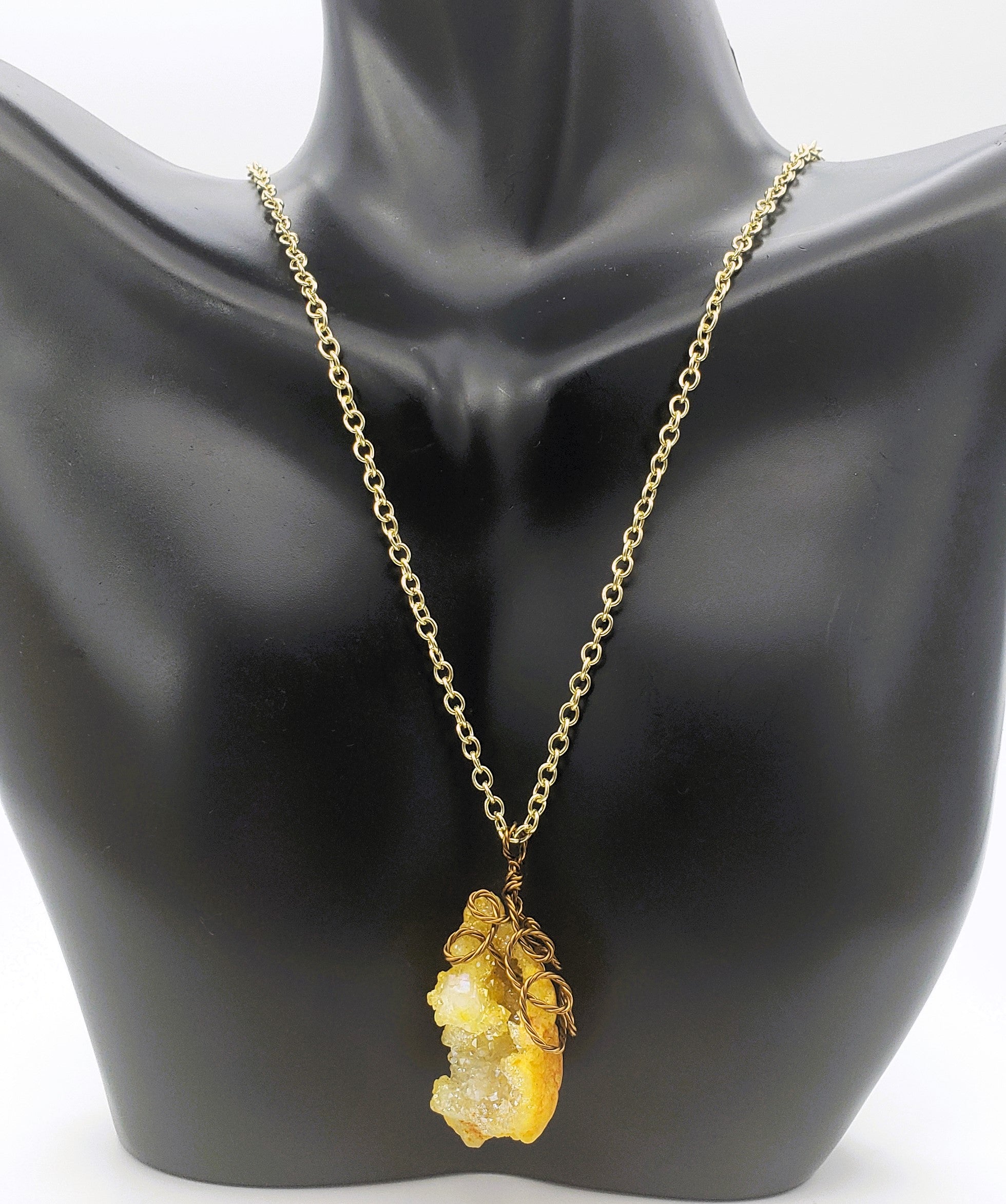 Worn view of Druzy Quartz Necklace handcrafted with antiqued brass.