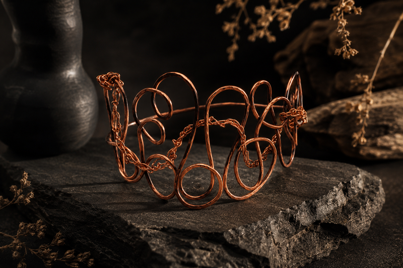 Bold handcrafted copper jewelry displayed in a dramatic artistic setting for the Jael Bold Statements Collection