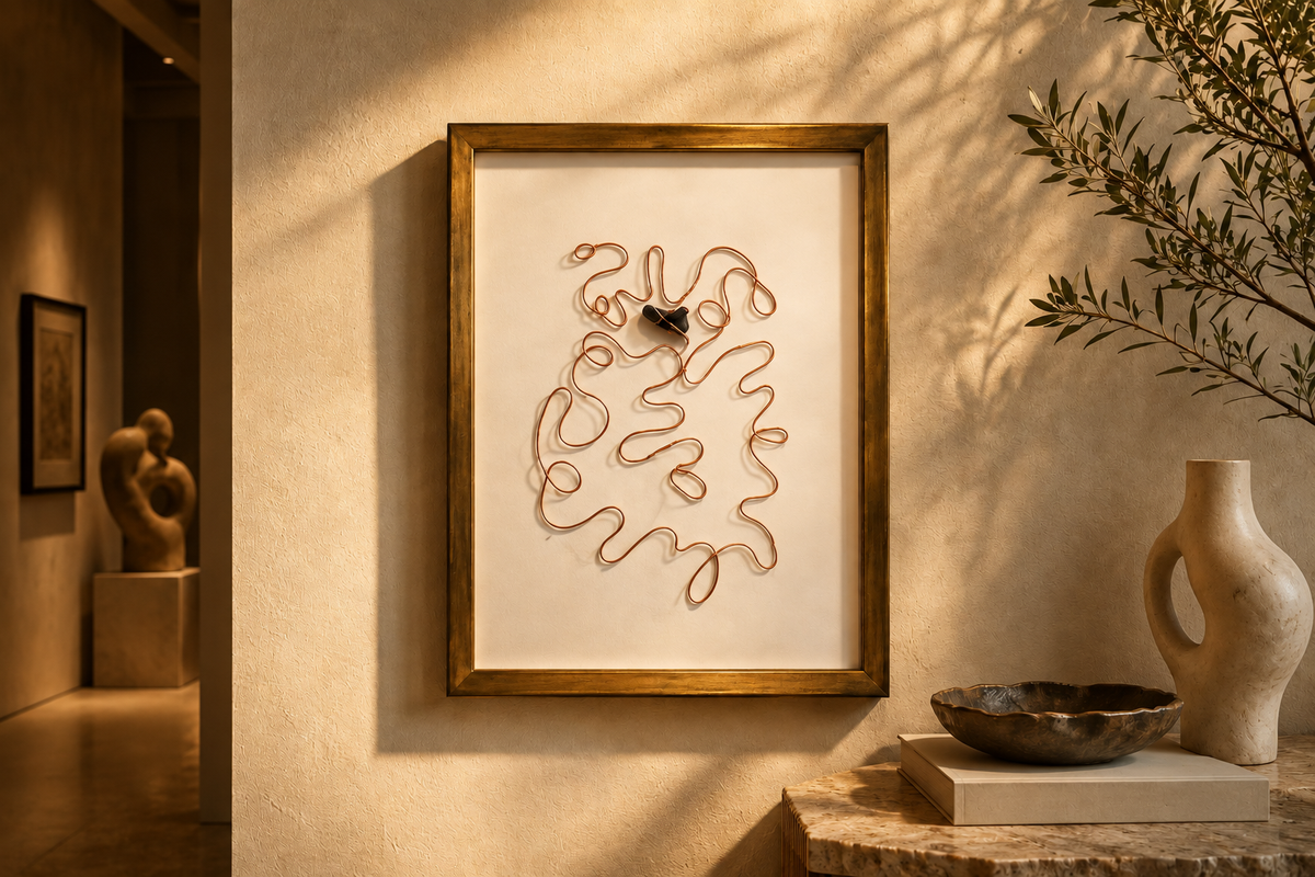 Artistic wall sculpture displayed in a warm contemporary interior for the Heavenly Beads & More Exhibition Collection.