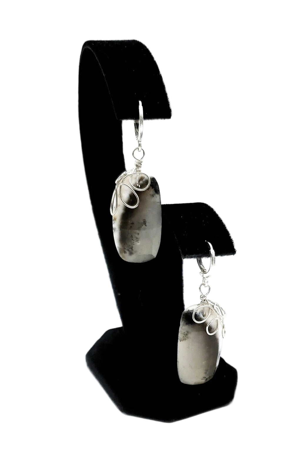 One-of-a-kind dendritic opal earrings handcrafted in sterling silver, featuring natural, tree-like inclusions and organic wirework.