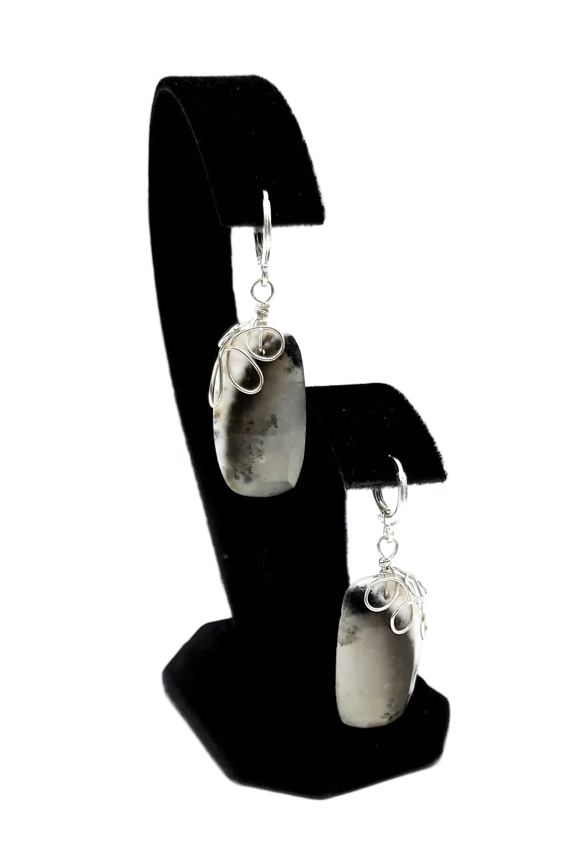 One-of-a-kind dendritic opal earrings handcrafted in sterling silver, featuring natural, tree-like inclusions and organic wirework.