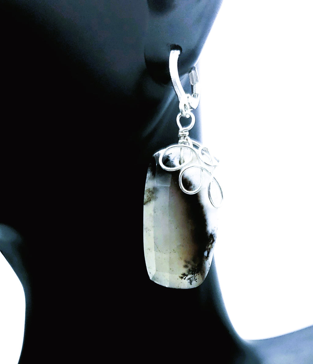 One-of-a-kind dendritic opal earrings handcrafted in sterling silver, featuring natural, tree-like inclusions and organic wirework.