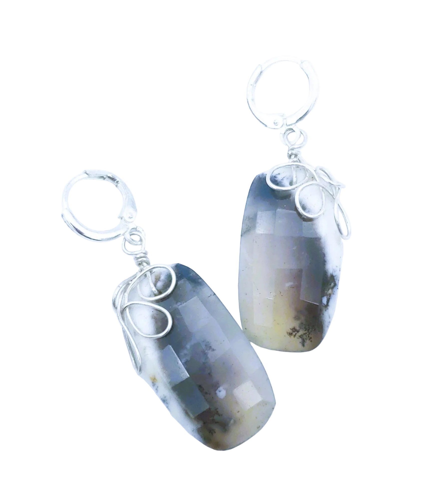 One-of-a-kind dendritic opal earrings handcrafted in sterling silver, featuring natural, tree-like inclusions and organic wirework.